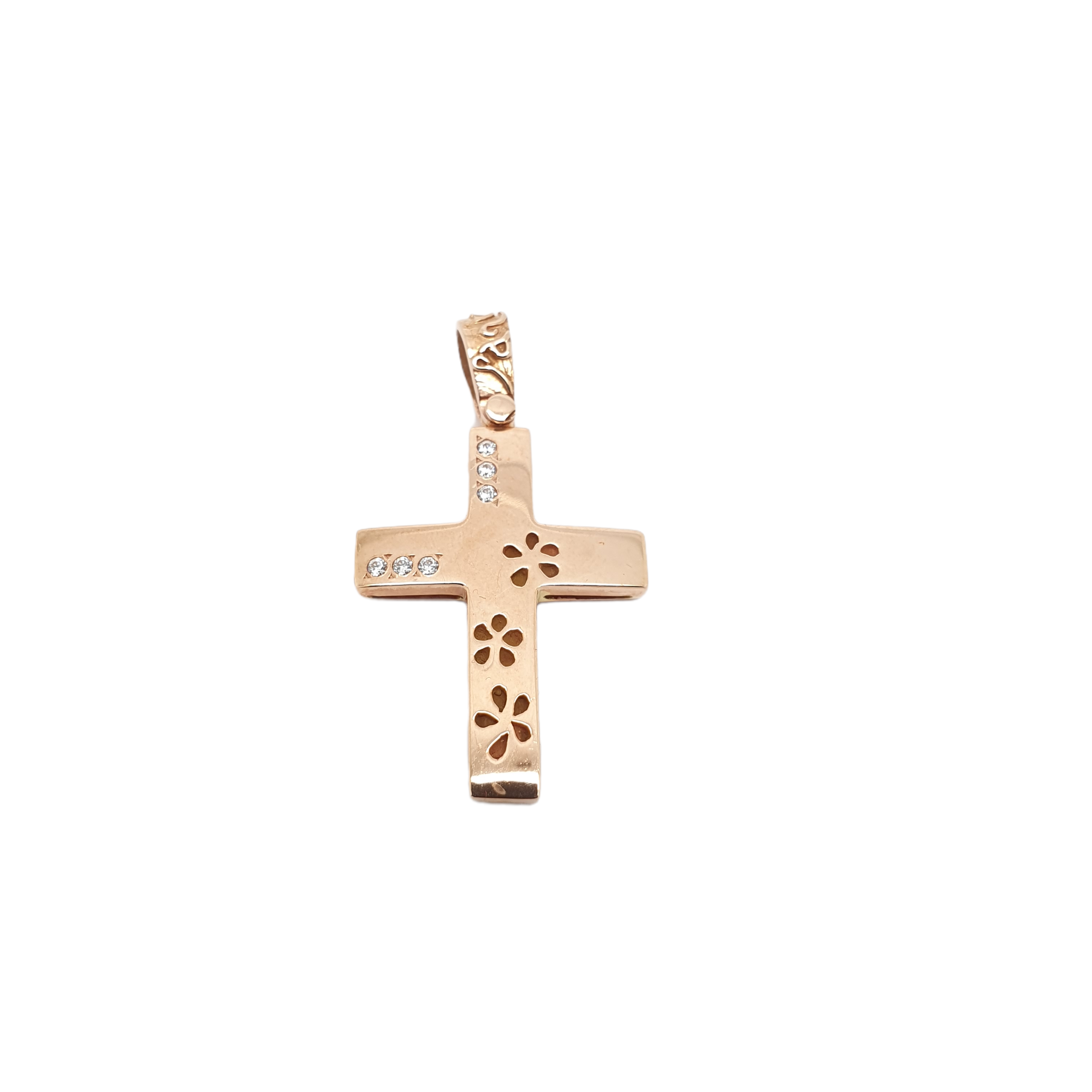Croce in oro rosa k14 con fiori e zirconi cubici (code AL1894)
